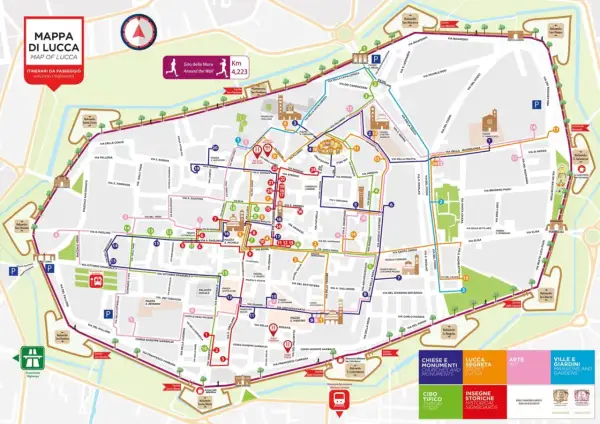 Mappa di Lucca con itinerari a piedi, incluso il Giro delle Mura di 4,223 km. Esplora chiese, monumenti, arte e giardini di Lucca e dintorni.