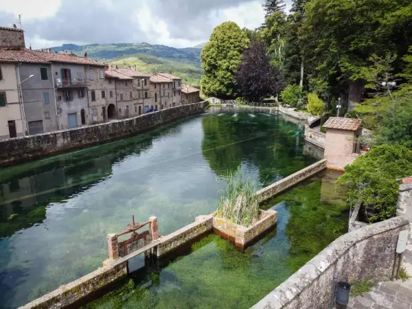 La peschiera di Santa Fiora, con le sue acque cristalline e gli edifici storici, incanta con la sua bellezza.