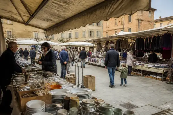 Gente al montepulciano markt, tra bancarelle di abiti e stoviglie, in una piazza storica.