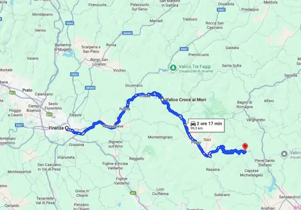 Itinerari moto Emilia Romagna: mappa da Firenze a Valico Croce ai Mori, 99,5 km, 2 ore 17 min.