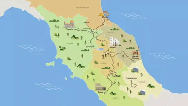 Mappa illustrata di percorsi a piedi in Italia centrale, con tappe da Firenze a Roma, passando per Assisi e Cortona, ideali per cammini in Toscana e oltre.