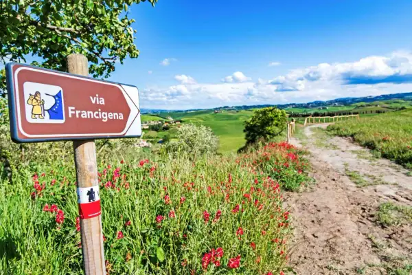 Segnale della Via Francigena in Toscana, con un sentiero che si snoda tra colline verdi e fiori rossi. Ideale per un cammino di 3 giorni.